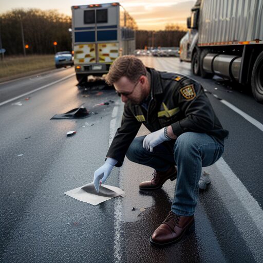 A police officer gathers evidence in a crash.